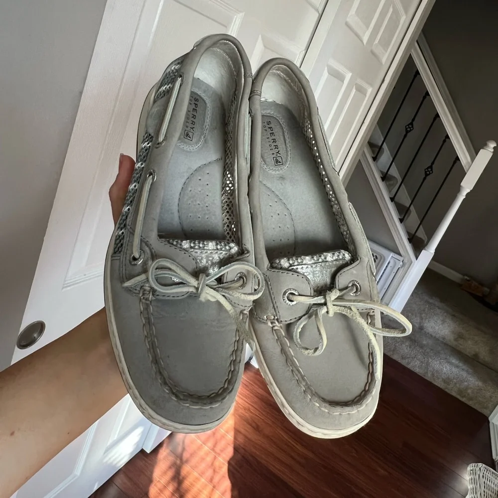 Sperry Women's 7.5 Angelfish Breton Stripe Mesh Slip-On Boat Shoe charcoal white - Picture 7 of 11